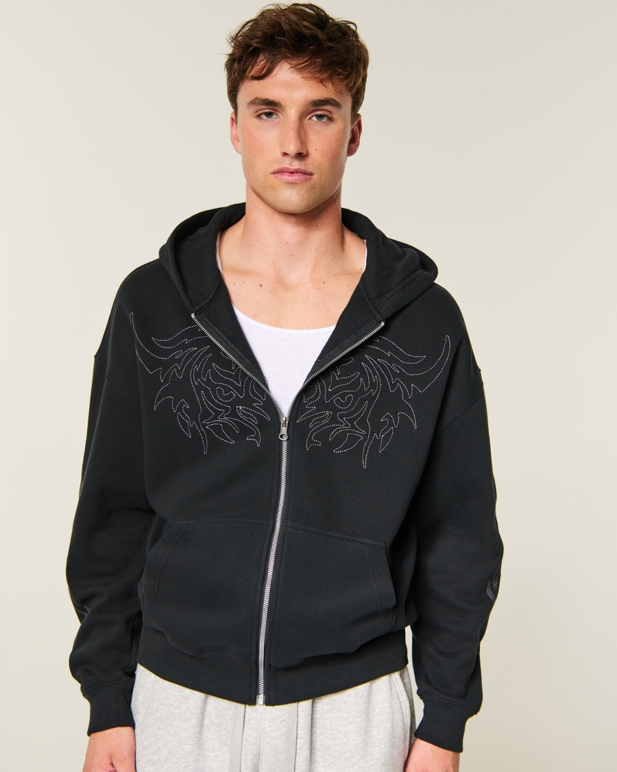 Boxy Zip-Up Embroidered Graphic Hoodie
